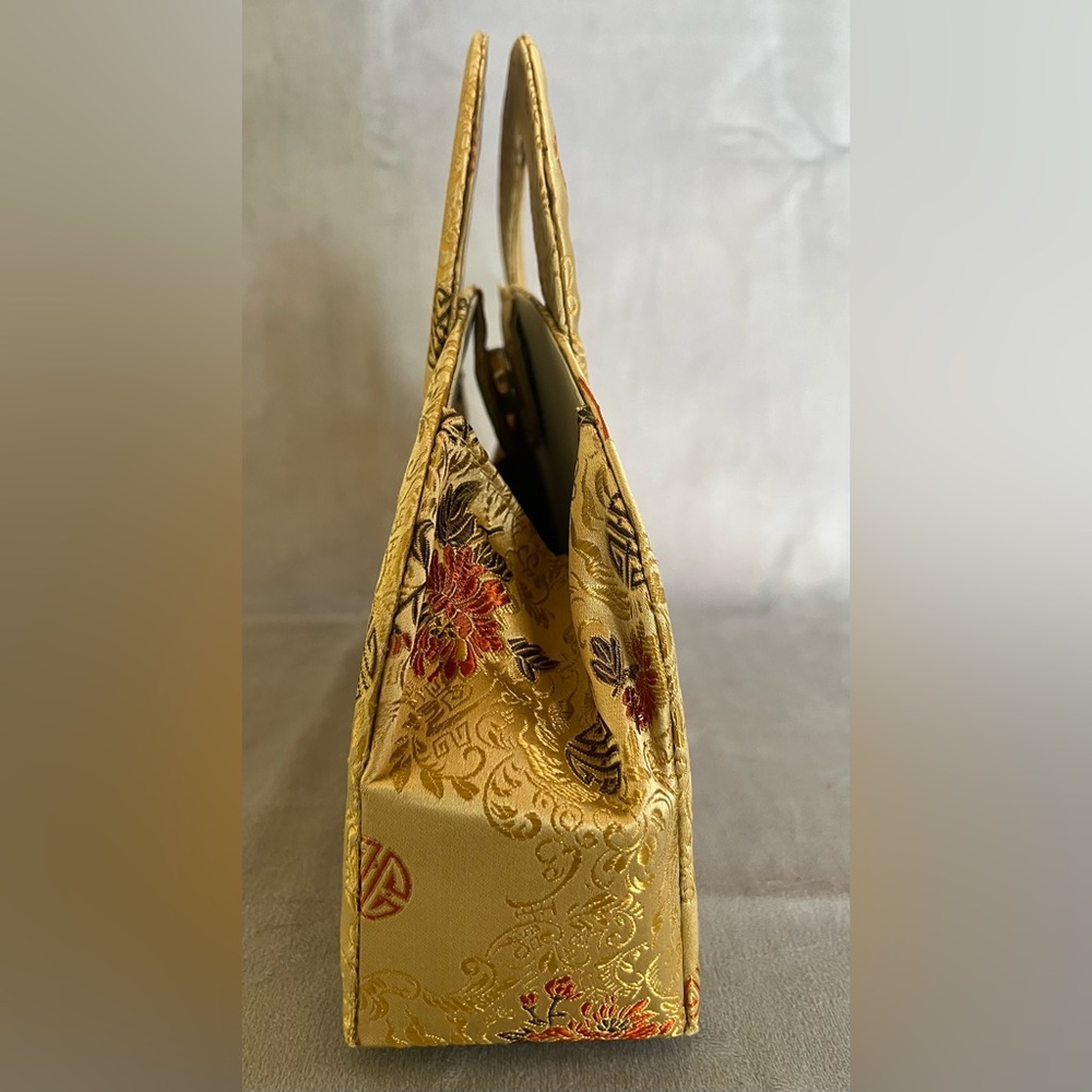 Silk Gold Floral Print Women's Bag w/Detachable Strap - Picture 4 of 8